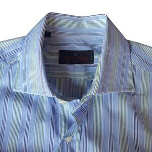 ETRO Milano SZ 39 Blue, Green & White Stripe Men's Cotton Button Up Shirt